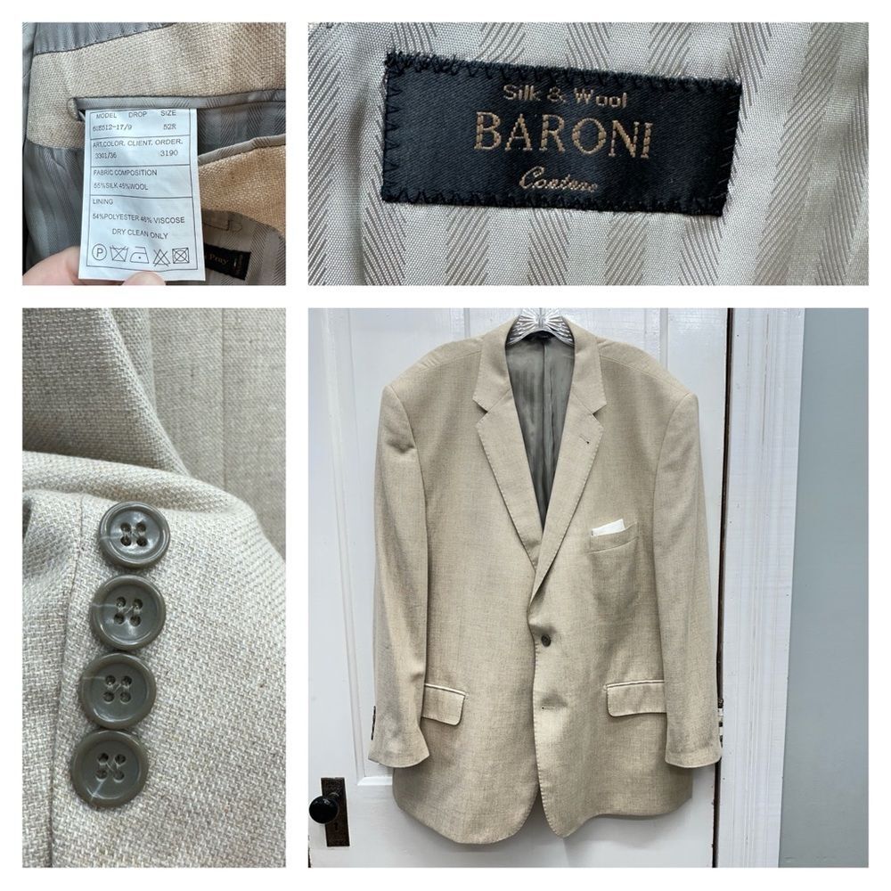 Baroni wool silk blend cream tan suit‎ coat blazer jacket men's 52R Piattelli